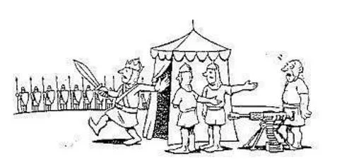 Gate-keeper cartoon — a soldier blocking access to the king's tent