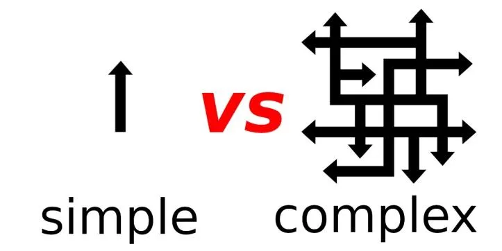 Simple arrow versus complex maze of arrows — illustrating simple vs complex concepts